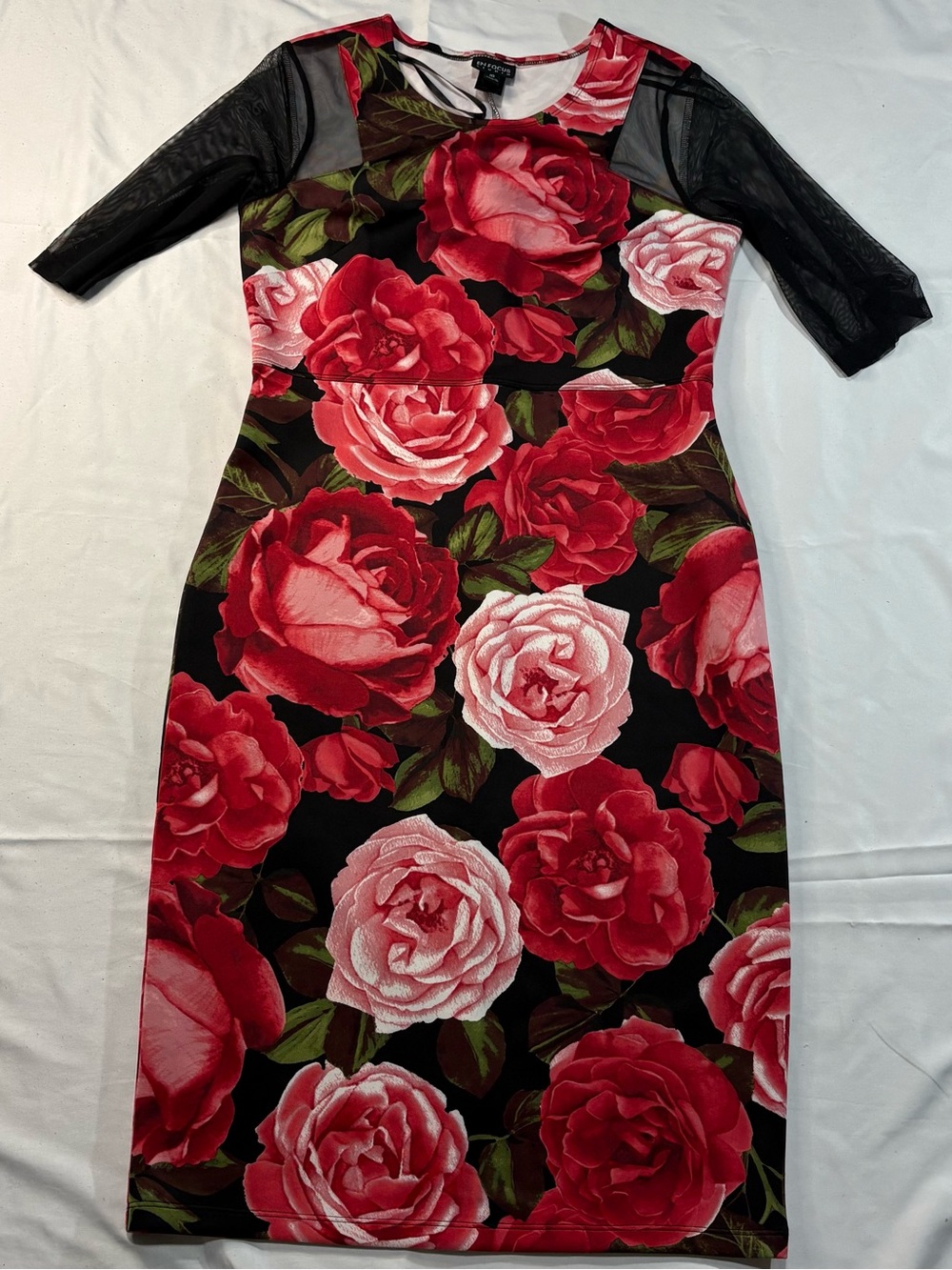 Enfocus Studio Black Midi Dress with Red & Pink Rose Print